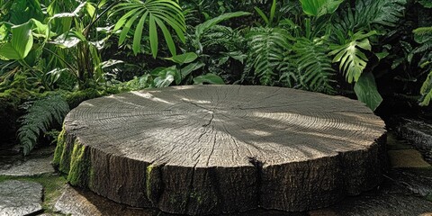 Poster - Tree Trunk Cross Section in Lush Green Foliage