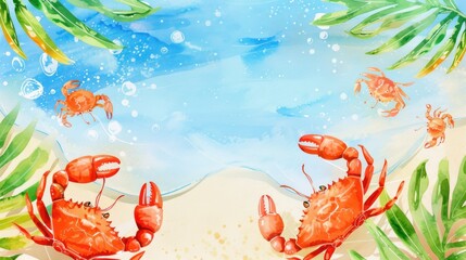 Sticker - Watercolor Crabs on Beach with Palm Leaves.