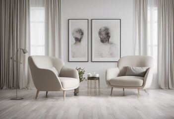 Two armchairs in room with white wall and big frame poster on it Scandinavian style interior design