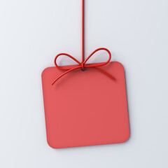 Aufkleber - Blank hanging red gift price tag template design or minimal gift box rounded square sign card with red ribbon rope bow isolated on white grey background with shadow creative idea concepts 3D rendering