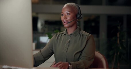 Sticker - Black woman, talking and headset with computer, office and night as multilingual support agent. Female person, technology and virtual call for international contact center, conversation and help desk