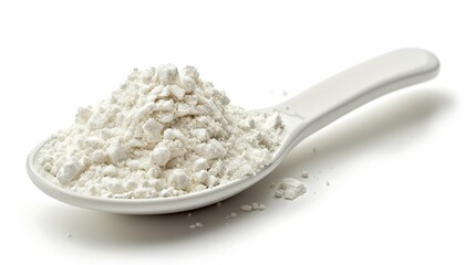 A spoonful of flour is shown on a white background