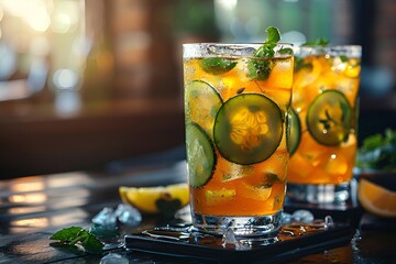 two glasses of liquid with cucumbers and a lemon.