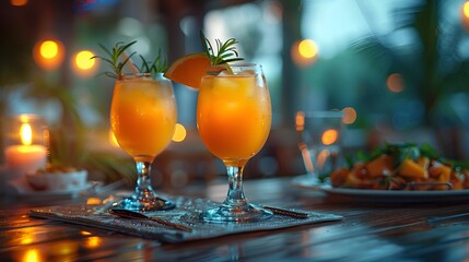 two glasses of orange juice on a table.