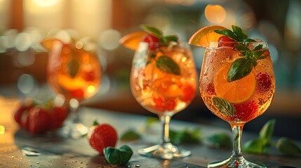 a group of glasses with oranges and mint.