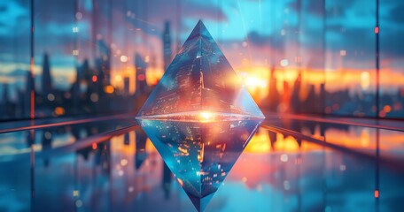 Wall Mural - A glass pyramid with a reflection of a blurred sunset city lights in it on a reflective surface with a blurry background.