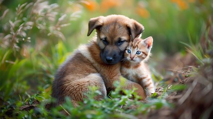 Poster - Puppy and kitty are hugging