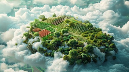 Wall Mural - A creative 3D illustration of a farm in the shape of a cloud, with different types of food crops planted on its surface, showcasing innovative farming techniques.