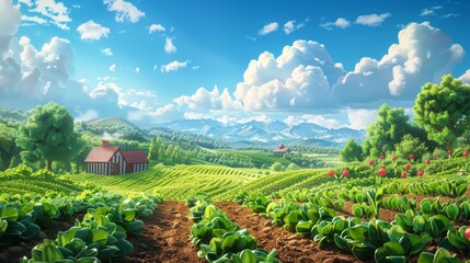 Wall Mural - A stylized 3D illustration of a farm scene with cartoonish clouds overhead and lush green fields below, creating a whimsical agricultural setting.