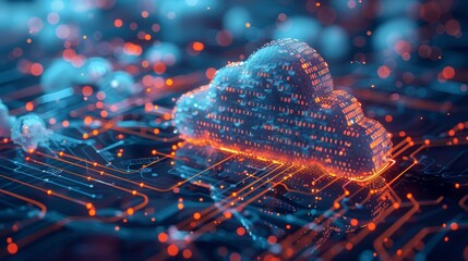 A creative 3D illustration of a cloud with binary code flowing through it, connected to a network of devices, symbolizing data transfer and cloud technology.