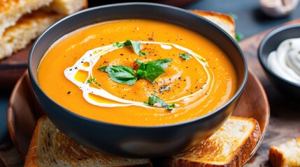 A bowl of creamy tomato soup, garnished with a swirl of cream and a sprinkle of fresh basil, perfect for dipping a grilled cheese sandwich.