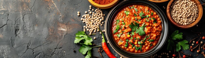 Wall Mural - A bowl of red curry with a variety of spices and vegetables on a wooden table. The spices include cumin, coriander, and chili flakes