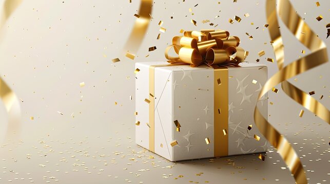 Elegant birthday greeting design with a 3D white gift box adorned with a gold ribbon and bow, celebratory backdrop included. Space for ads. Vector illustration.