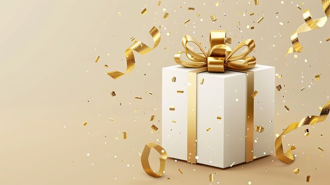 Elegant birthday greeting design with a 3D white gift box adorned with a gold ribbon and bow, celebratory backdrop included. Space for ads. Vector illustration.