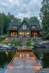 Wall Mural - A large house with a dock and a pool. The house is surrounded by trees and water. The house is very large and has a lot of windows