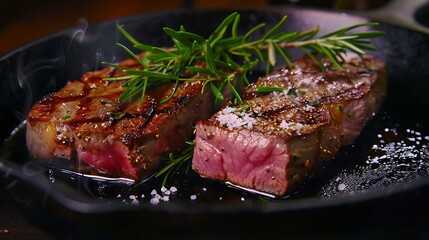 Rare entrecote beef steak set up with spice and salt in an iron skillet