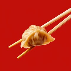 Poster - Close-up of a delicious dumpling held by chopsticks against a red background. This minimalist food photo emphasizes texture and simplicity, perfect for Asian cuisine themes and culinary websites. AI