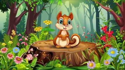 Wall Mural - Cute Squirrel Sitting on a Tree Stump in a Forest.