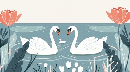 Canvas Print - Two swans in a lake with water lily illustration.