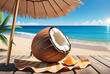 © Galeno - split coconut wooden surface beside blue ocean beach umbrella warm sand bright summer sun embodies leisure travel