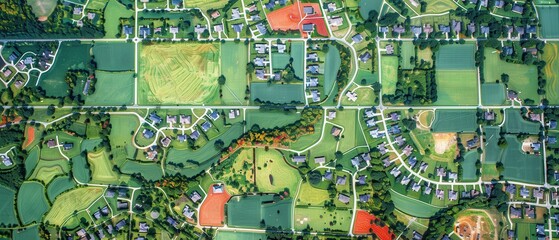 Wall Mural - A view of a residential area with houses and a green field