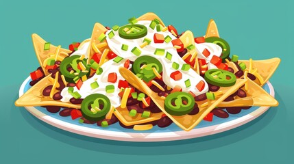 A colorful plate of nachos, with layers of tortilla chips, melted cheese, beans, jalapenos, and sour cream.