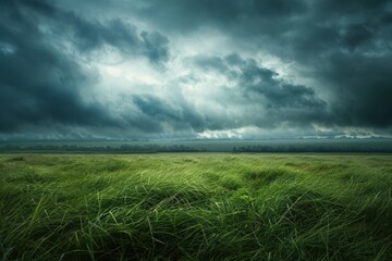 Wall Mural - A field of grass is covered in rain and the sky is dark and cloudy