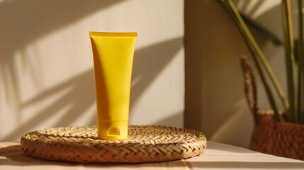 Wall Mural - mock up of empty yellow skin care tube on rattan table, neutral colored wall background, Ai generated Images