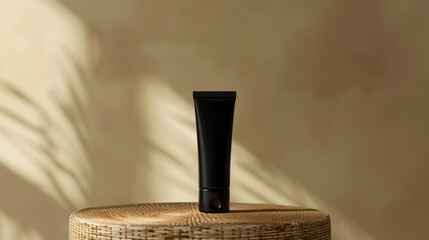 Wall Mural - mock up of empty black skin care tube on rattan table, neutral colored wall background, Ai generated Images