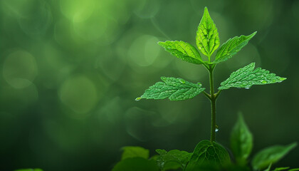 Wall Mural - Close-up of fresh green plant with dew droplets on vibrant leaves, set against a blurred, lush green background, capturing nature's serenity and vitality.