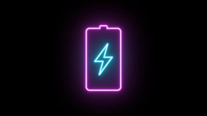 Sticker - Neon electric battery icon, color shift animation. Glowing neon battery sign, looped color animation. Electric energy, charge station, battery with lightning, accumulator. Blue, magenta color