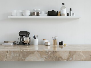 Poster - Beige marble table with office items, white wall with shelf, 3D render, ultra detailed, cinematic, high resolution, sharp focus.