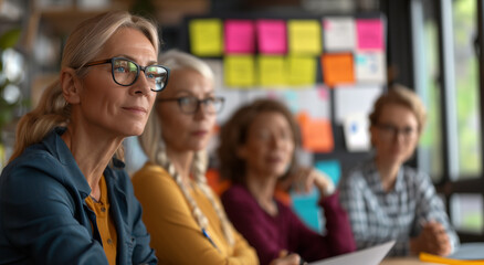 Four middle-aged women attentively participating in a meeting. The background is filled with colorful sticky notes on a glass wall, indicating a collaborative and creative environment.