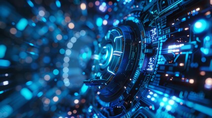 Poster - The image shows a futuristic circuit board featuring glowing lights and blue neon elements