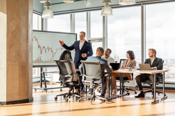 Poster - A group of people is sitting around a table in a modern office, listening to a presentation on a large screen. The screen displays a financial chart. The presenter is standing, pointing to the chart