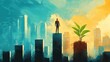 © Олег Фадеев - A silhouette of a businessman stands atop a skyscraper overlooking a vibrant cityscape divided between cool blue tones and warm golden hues, with a plant symbolizing growth emerging from one building