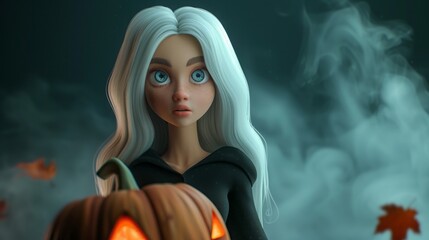 3d young witch with pumpkin.