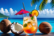 © Galeno - refreshing tropical cocktail coconut straw backdrop blue ocean juicy fruits represents leisure travel