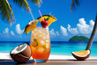 © Galeno - refreshing tropical cocktail coconut straw backdrop blue ocean juicy fruits represents leisure travel