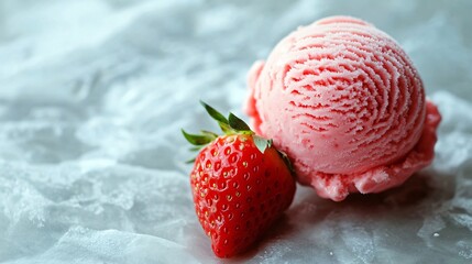 Wall Mural - A strawberry next to a scoop of strawberry flavored ice cream, emphasizing the contrast between the fuzzy skin and the smooth ice cream