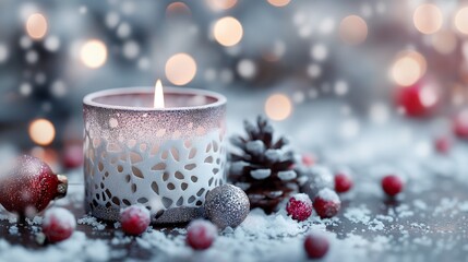 Wall Mural - white Christmas glass candle holder and decorations in the snow. 