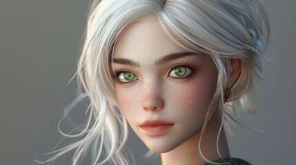 beautiful woman with white hair and green eyes.