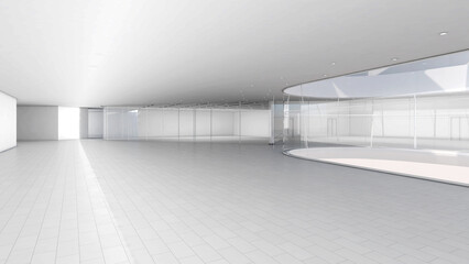 Poster - enormous white hall with exterior lighting large internal architecture white open space, 3d rendering