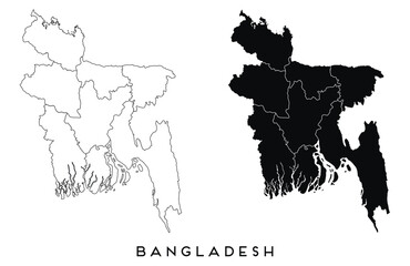 Wall Mural - Bangladesh map of regions districts vector black on white and outline