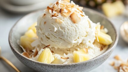 Wall Mural - Scoop of creamy coconut ice cream topped with toasted coconut flakes and pineapple chunks