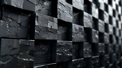 Poster - The black tiles form a polished wall against a futuristic, rectangular background made up of 3D blocks. A 3D rendering of the scene is presented.