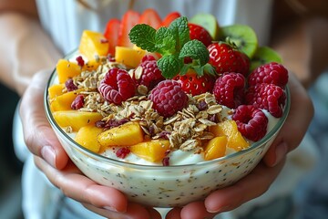 Poster - Colorful Fruit Bowl Filled With Yogurt, Granola, and Fresh Berries Enjoyed on a Sunny Morning