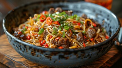 Poster - Delicious noodle dish served in rustic bowl with chopped peppers and green onions