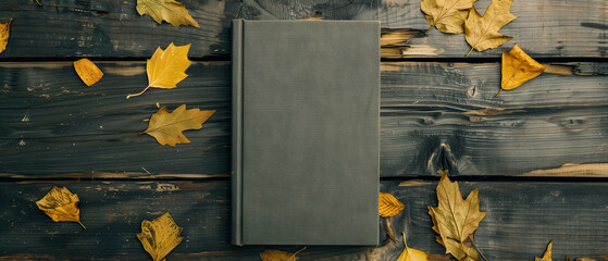 Wall Mural - Vintage book on an old wooden table. Withered leaves around. Dark back.