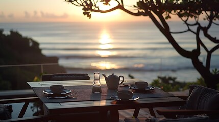 Wall Mural - Tasting an excellent meal at early morning beside the ocean